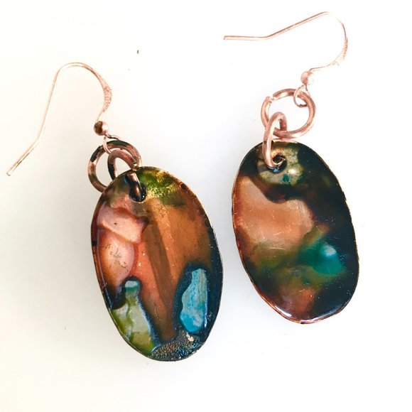 Modernist Geometric Abstract Green Blue Red Orange Solid Copper Earrings Drop - Picture 10 of 10